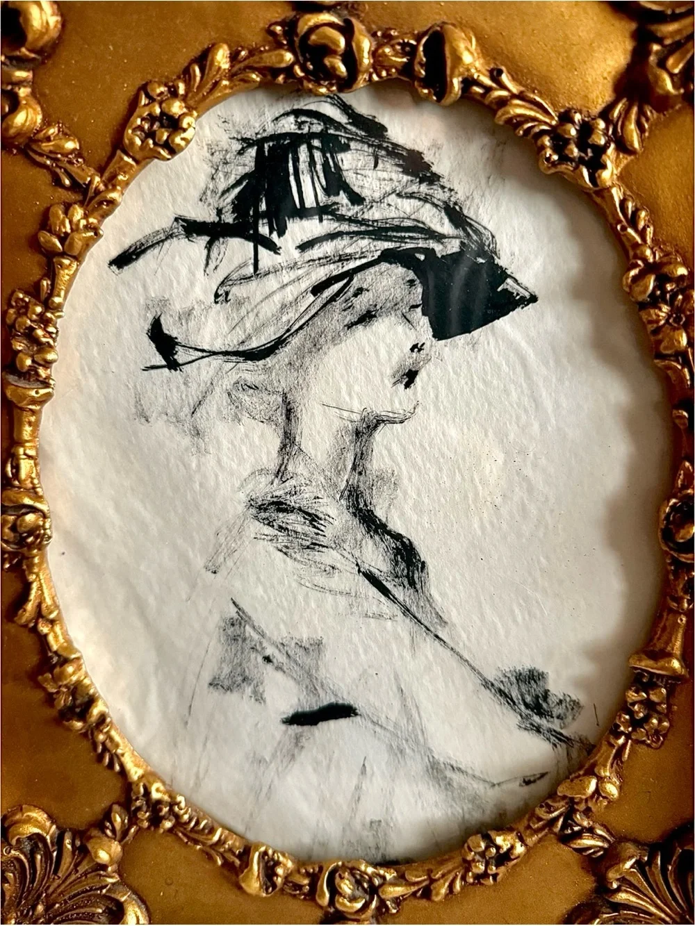 Antique Victorian Style Gold Gilt Oval Frame BW Drawing Ornate Rococo Porcelain